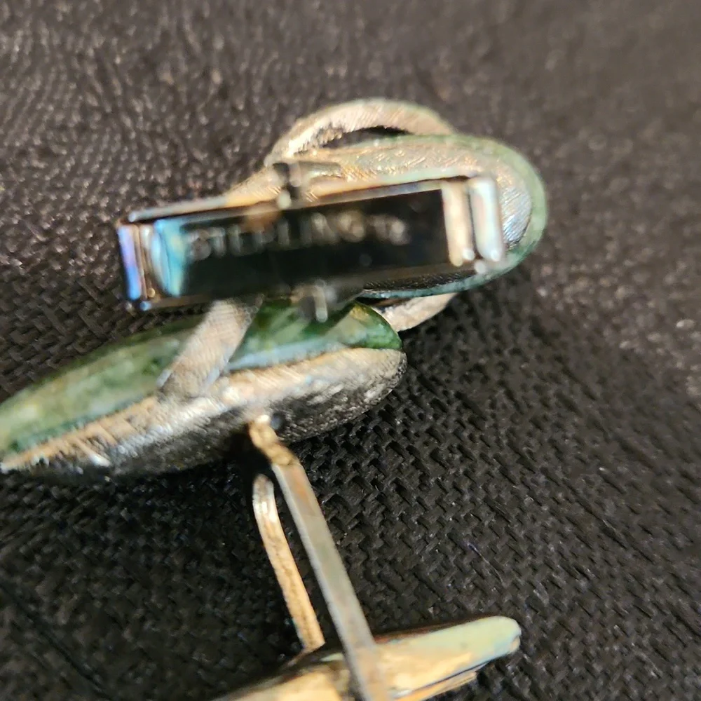 VINTAGE CHINEESE GREEN JADE MENS CUFF LINKS.MARKED STERLING.